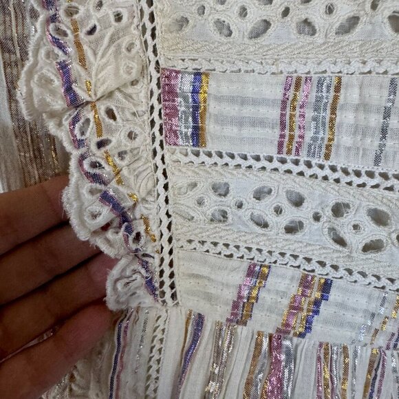 Sea New York Cream Metallic Striped Eyelet Ruffle Long Puff Sleeve Short Dress - Picture 7 of 17